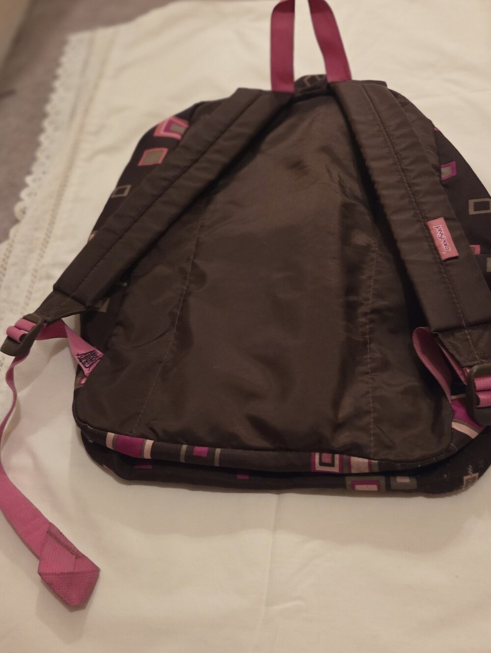 Jansport Black Backpack with Pink and Cream Geometric Squares - Picture 4 of 16